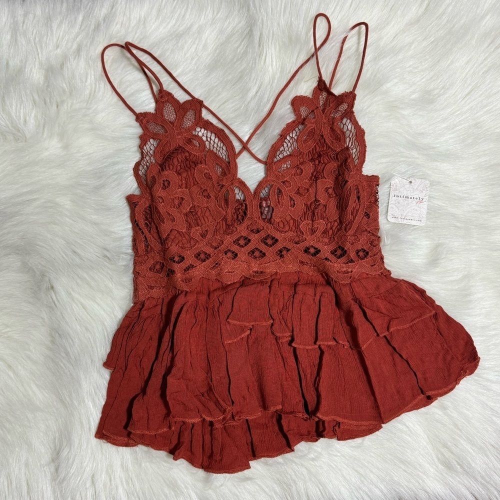 New Free People Adella orange Lace Smocked Blend Ruffle Layered Cami - Picture 2 of 4